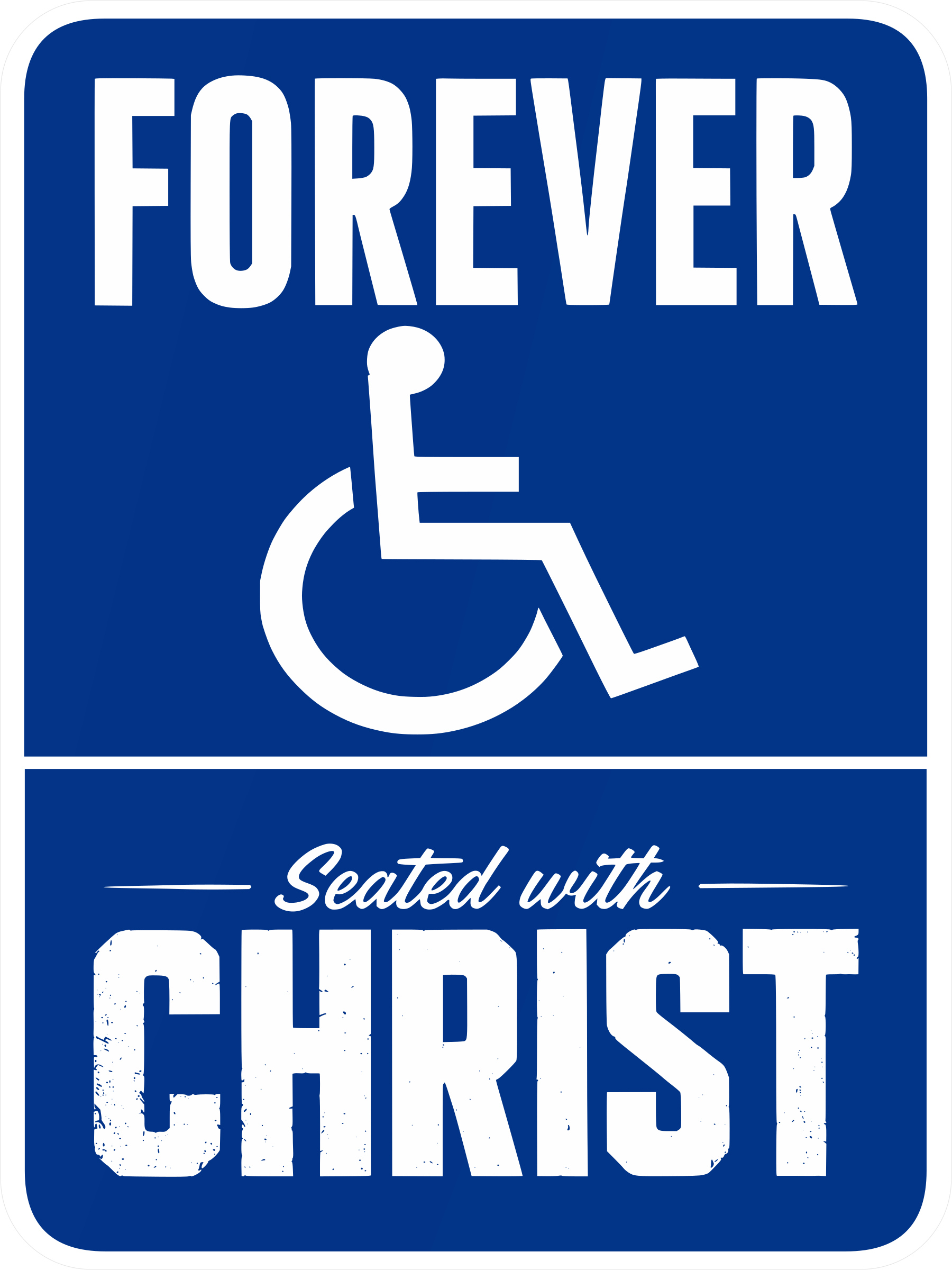 Forever Seated with Christ artwork with a white wheelchair symbol on blue